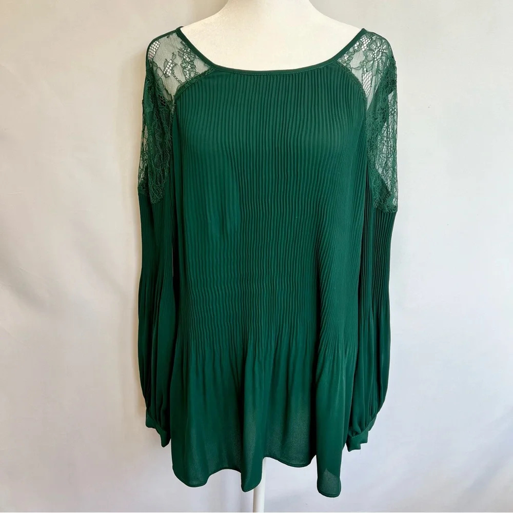 Adrianna Papell Pleated Lace Emerald Green Blouse Bow Tie Womens Size Large